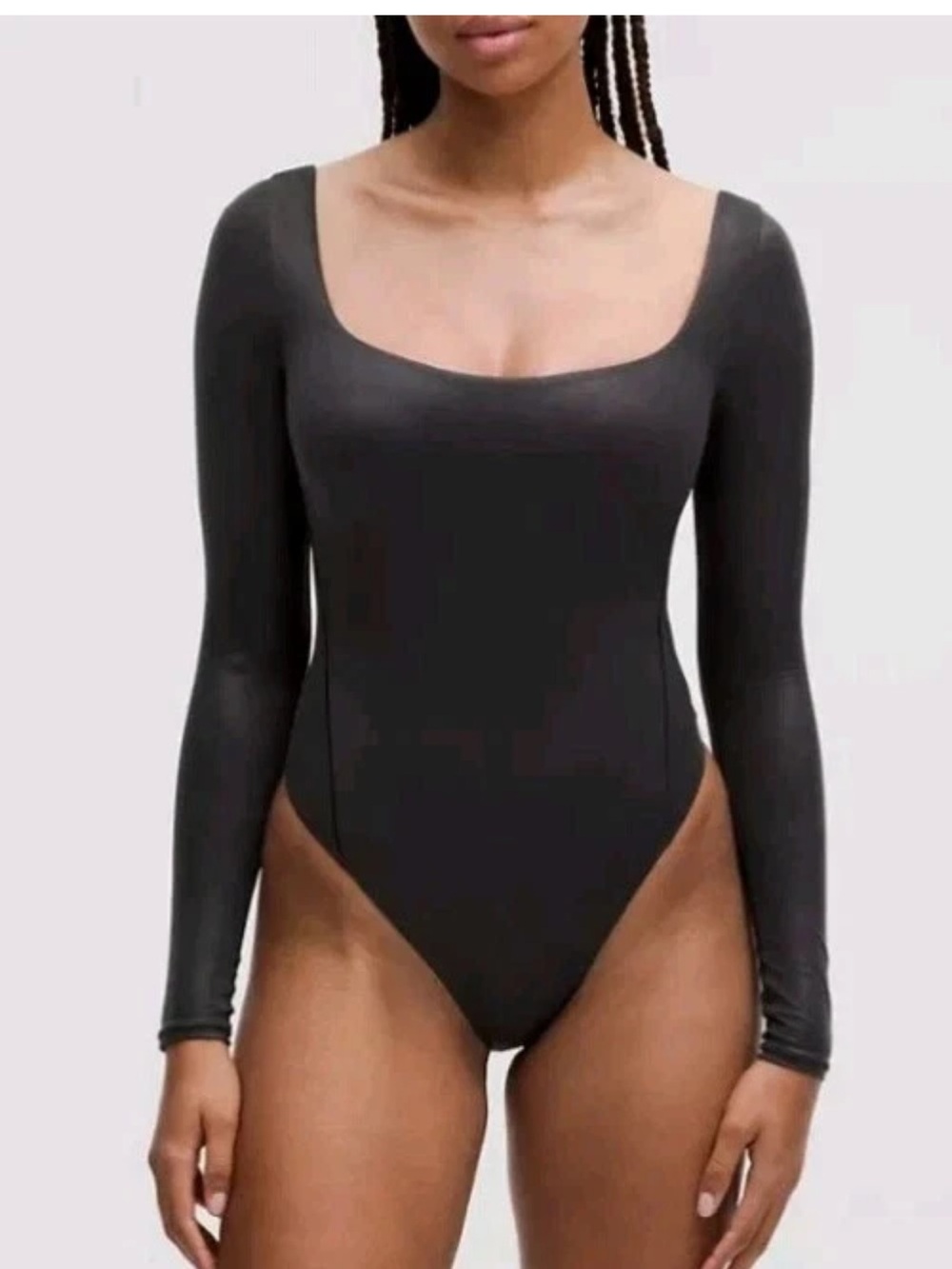 🆕 LULULEMON Nulu Square-Neck Long-Sleeve Bodysuit Luxe Shine Foil Black Size XS